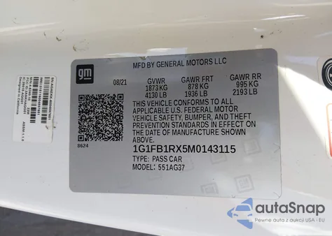 2021 Chevrolet Camaro Rwd 1Lt z USA, uszkodzony, nr VIN 1G1FB1RX5M0143115